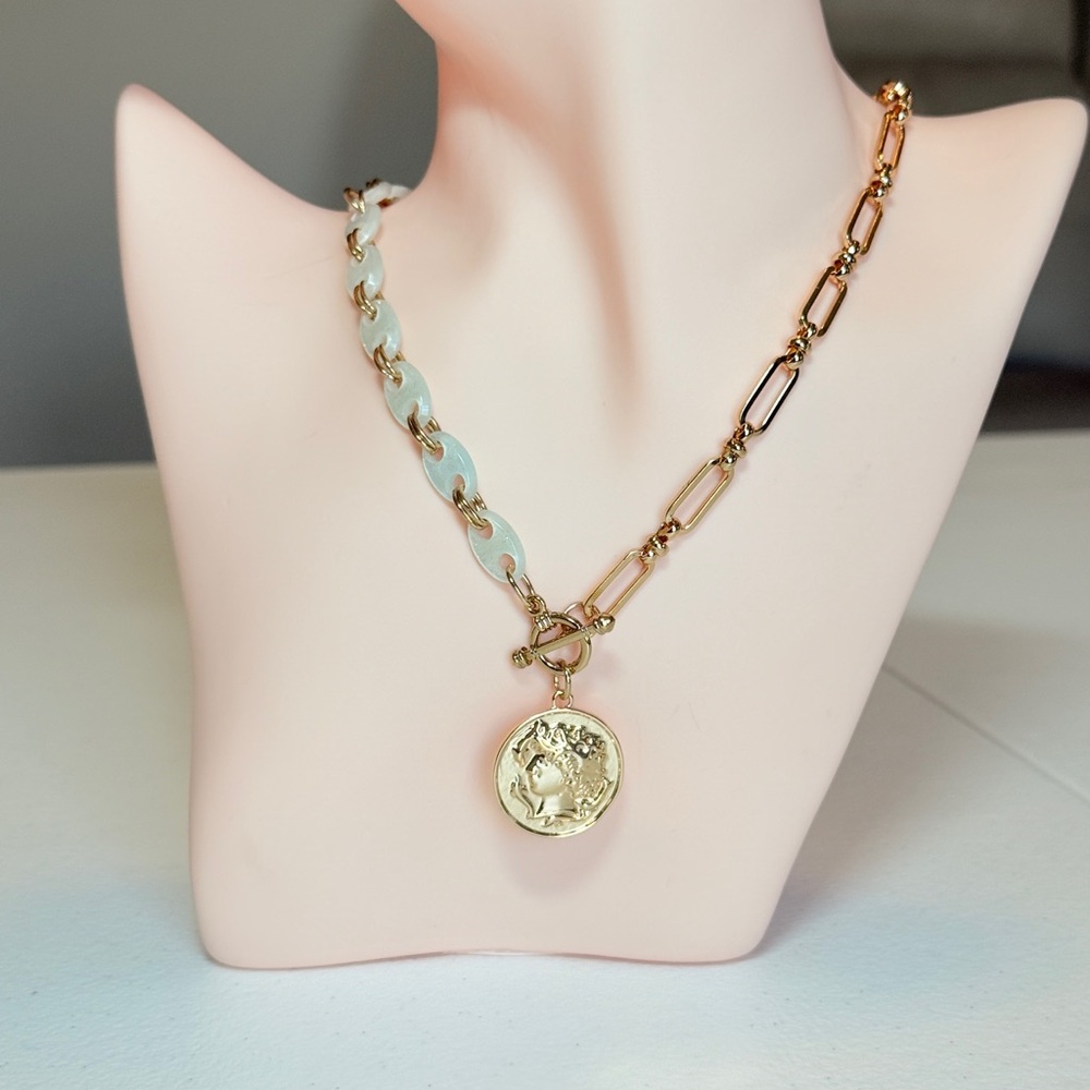 Gold-Tone Coin Pendant Chain Necklace with Cream Link Accent